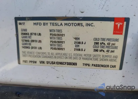 2012 Tesla Model S Signature z USA, uszkodzony, nr VIN 5YJSA1DN6CFS00369